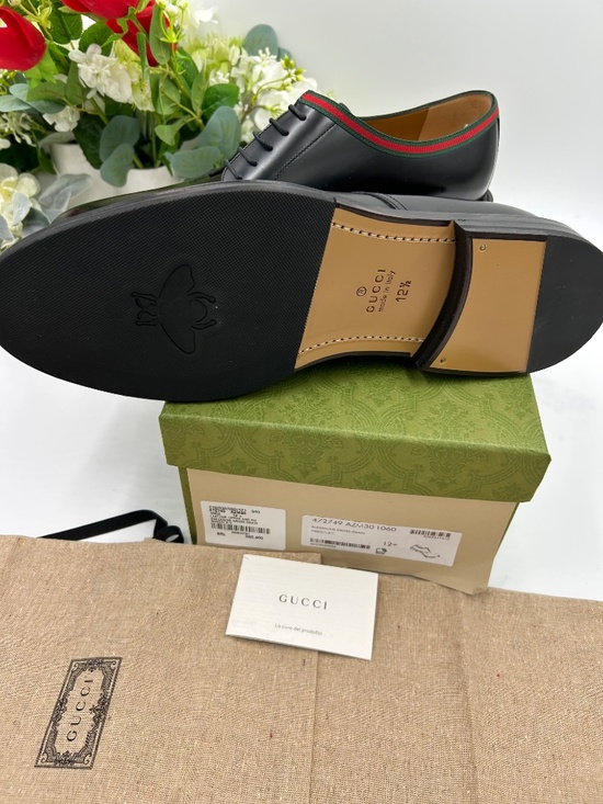 Men’s Gucci Black Leather Derby Shoes with Green-Red Web trim Size 12.5 main image 4